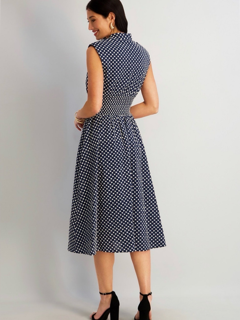 Kensie Embroidered Navy & Ivory Dot Cotton Zip-Front Midi Dress, Size 14, NWOT - Picture 2 of 7